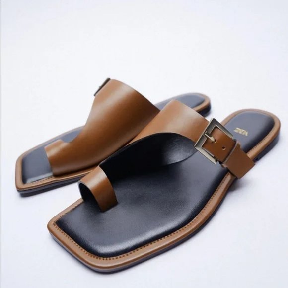 NWT ZARA Asymmetric Flat Genuine Leather Sandals With Buckler - Picture 2 of 7